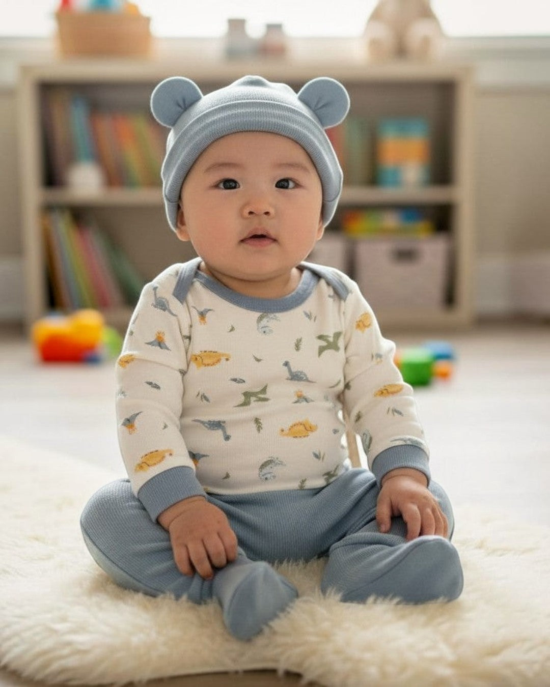 Calla Lily Cosmetics + CL kids baby boy in blue dinosaur print pajama set and matching hat
