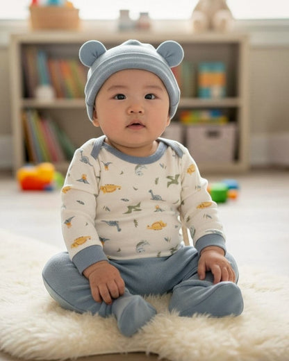 Calla Lily Cosmetics + CL kids baby boy in blue dinosaur print pajama set and matching hat