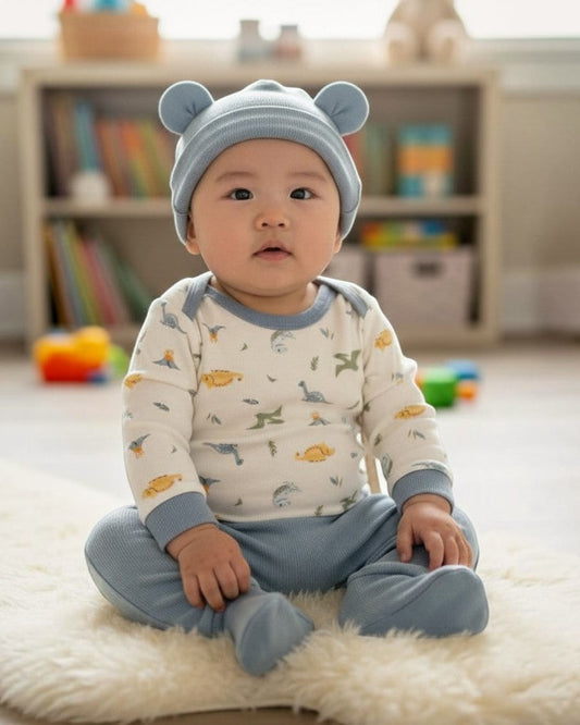 Calla Lily Cosmetics + CL kids baby boy in blue dinosaur print pajama set and matching hat