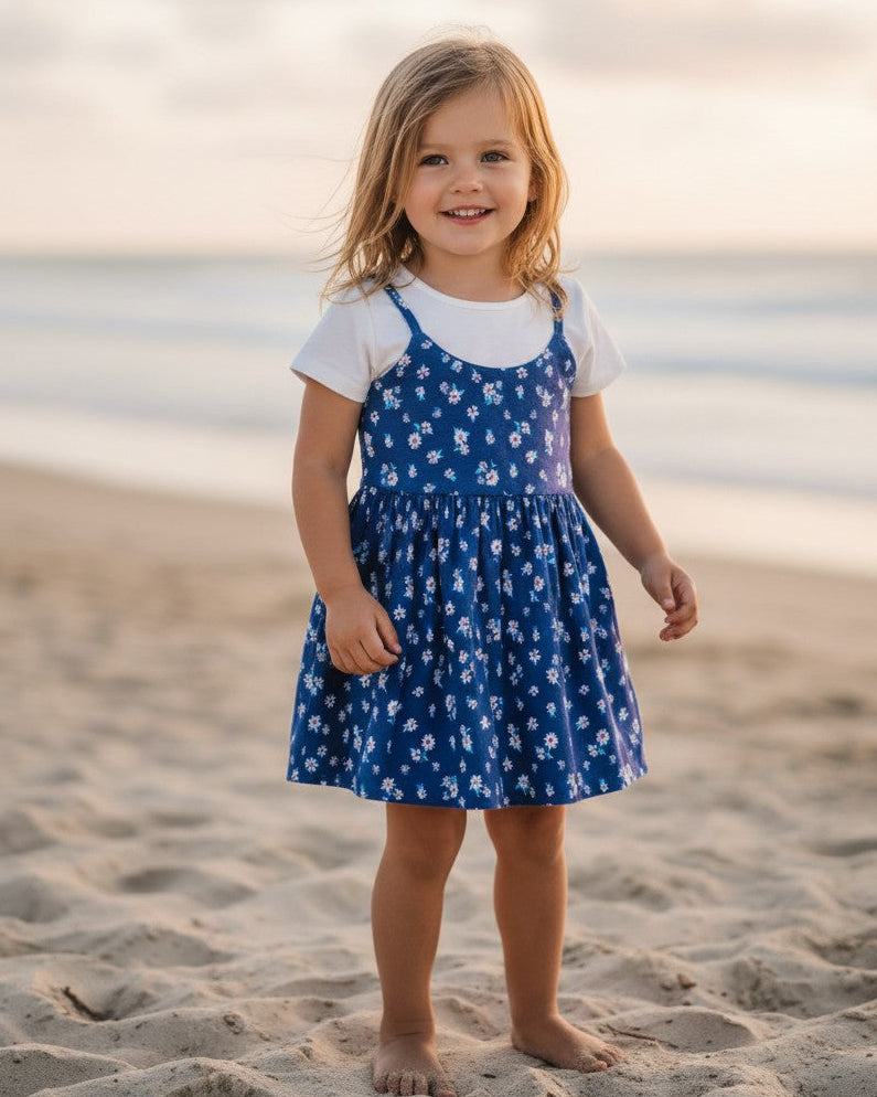Calla Lily Cosmetics + CL kids blue floral cotton toddler dress with white short-sleeve tee underneath. Lightweight summer style.