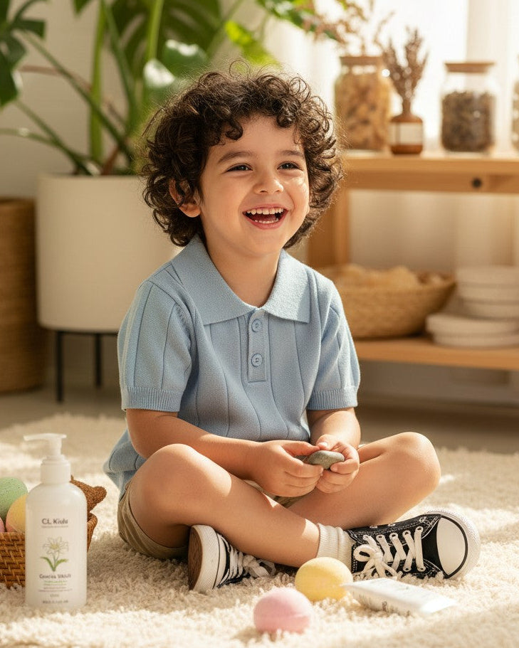 Calla Lily Cosmetics + CL kids light blue knit short-sleeve polo sweater with ribbed texture and button closure.