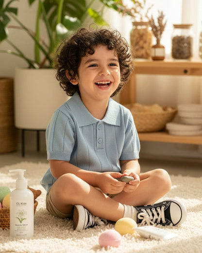 Calla Lily Cosmetics + CL kids light blue knit short-sleeve polo sweater with ribbed texture and button closure.