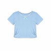 Calla Lily Cosmetics + CL kids light blue ribbed knit toddler t-shirt with lace trim and bow, paired with denim shorts.