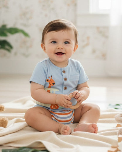 Calla Lily Cosmetics + CL kids blue organic cotton baby bodysuit with giraffe in safari jeep graphic and striped trim. Wooden buttons.