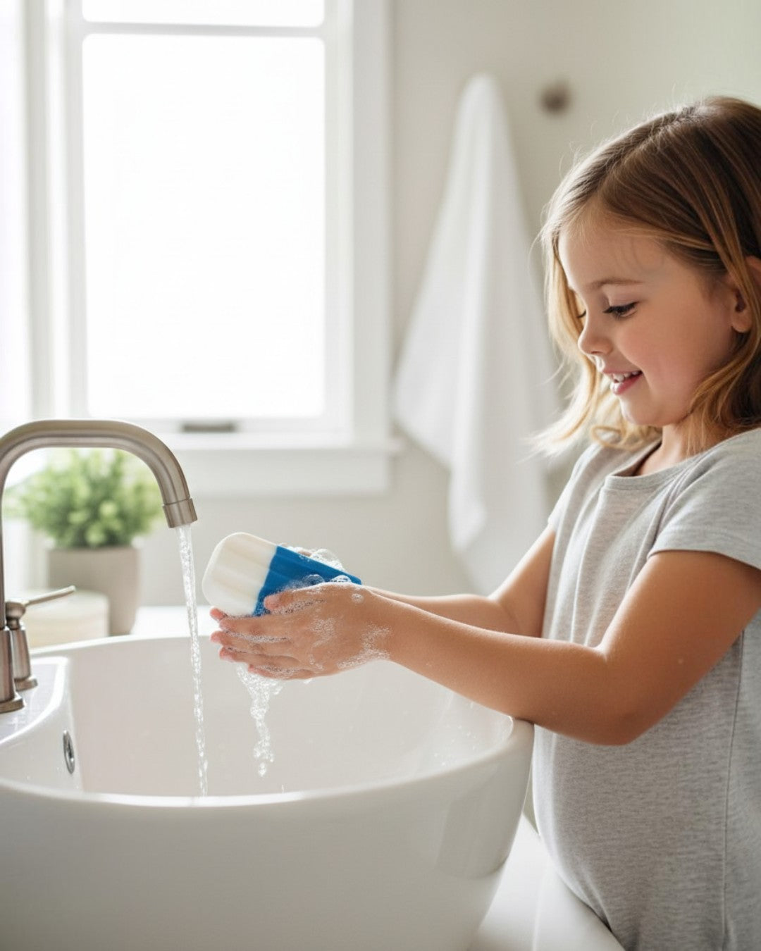 Young girl washing hands with a blue and white Calla Lily Cosmetics + CL kids shea butter popsicle soap at a sink