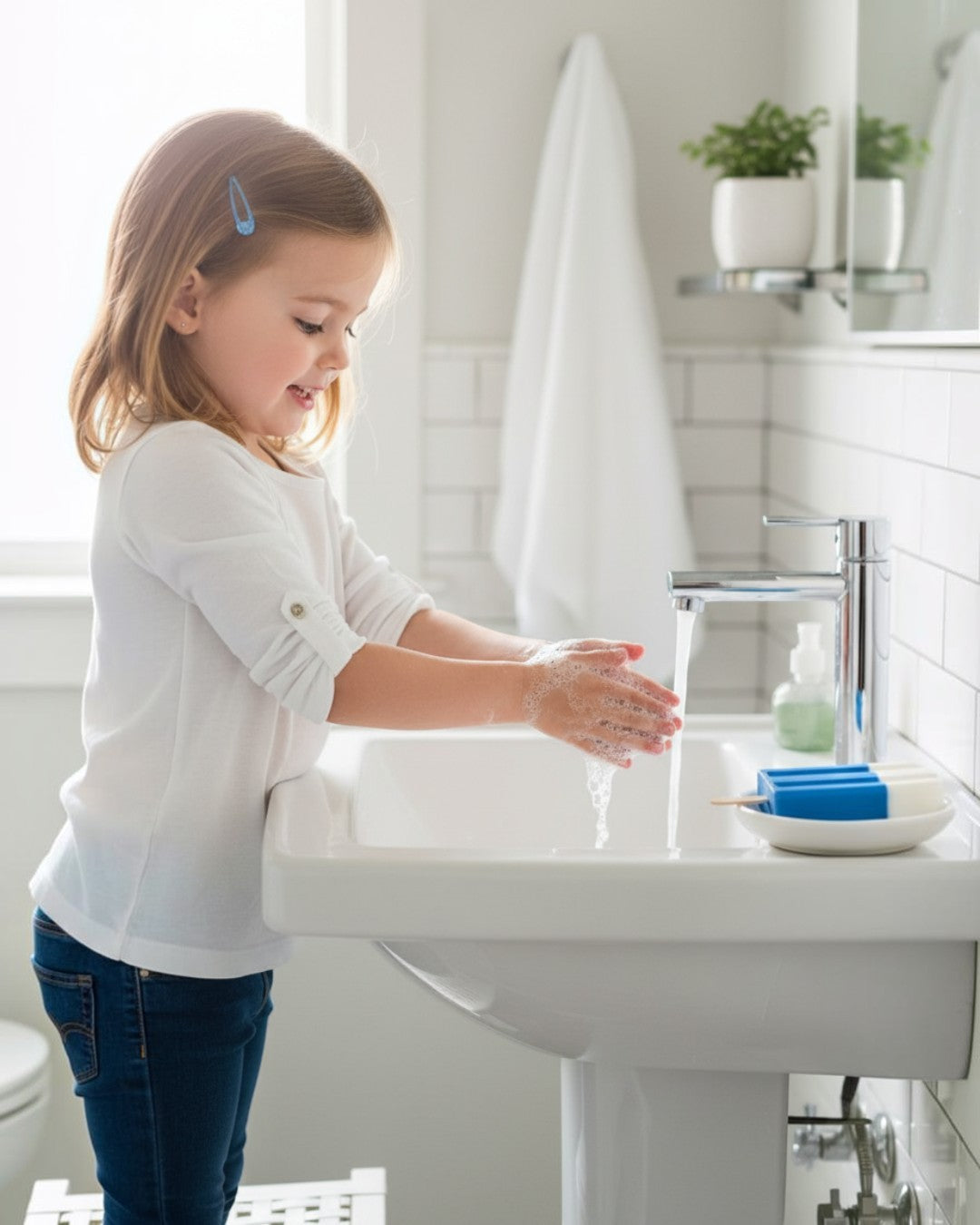 Young girl washing hands with blue Calla Lily Cosmetics + CL kids popsicle-shaped shea butter soap in a bathroom sink.