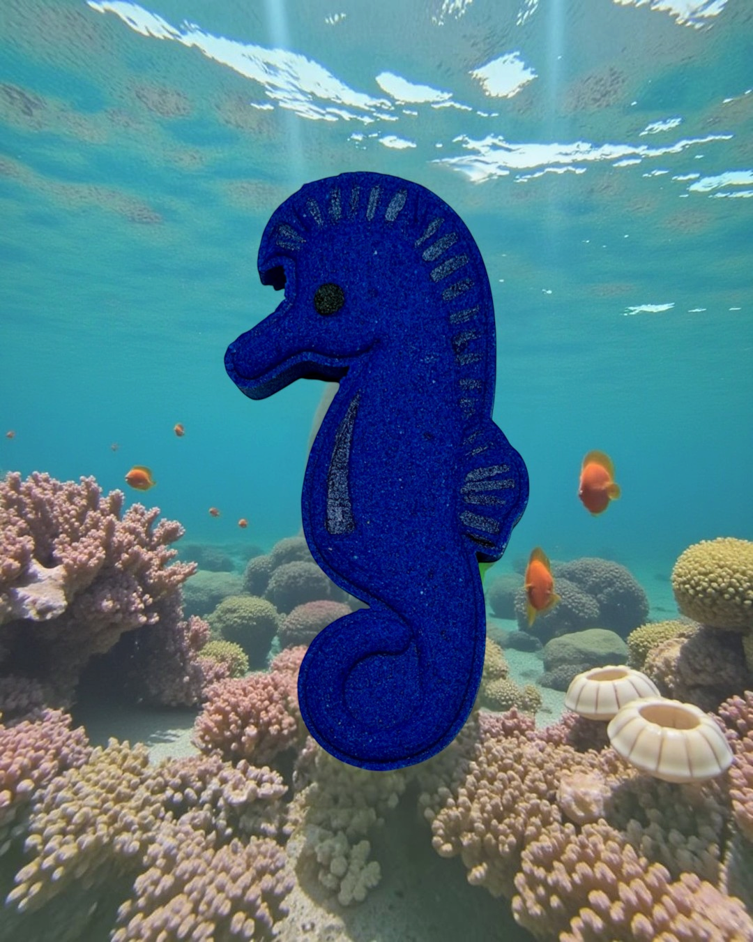 Calla Lily Cosmetics + CL kids blue seahorse-shaped bath bomb with blueberry scent and nourishing cocoa butter