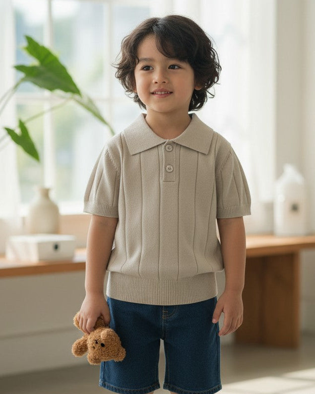 Calla Lily Cosmetics + CL kids light beige knit polo sweater for boys with short sleeves and ribbed texture.