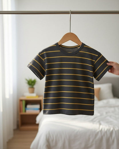 Calla Lily Cosmetics + CL kids boys grey & yellow striped t-shirt and beige shorts set. 80% cotton blend.