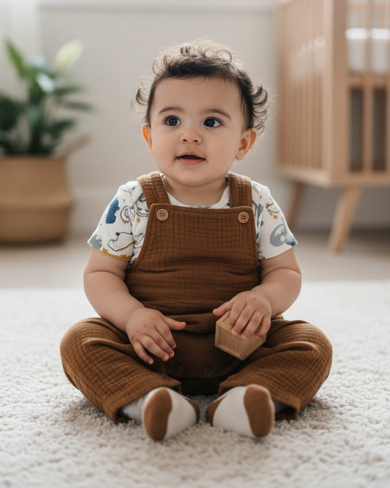 Calla Lily Cosmetics + CL kids brown cotton-polyester blend baby jumper set with dinosaur print bodysuit and socks.