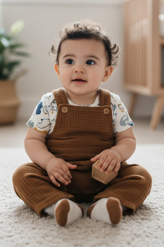 Calla Lily Cosmetics + CL kids brown cotton-polyester blend baby jumper set with dinosaur print bodysuit and socks.