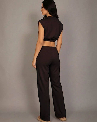 Calla Lily Cosmetics + CL kids brown cotton French terry crop top and wide-leg pants set with elastic hem.