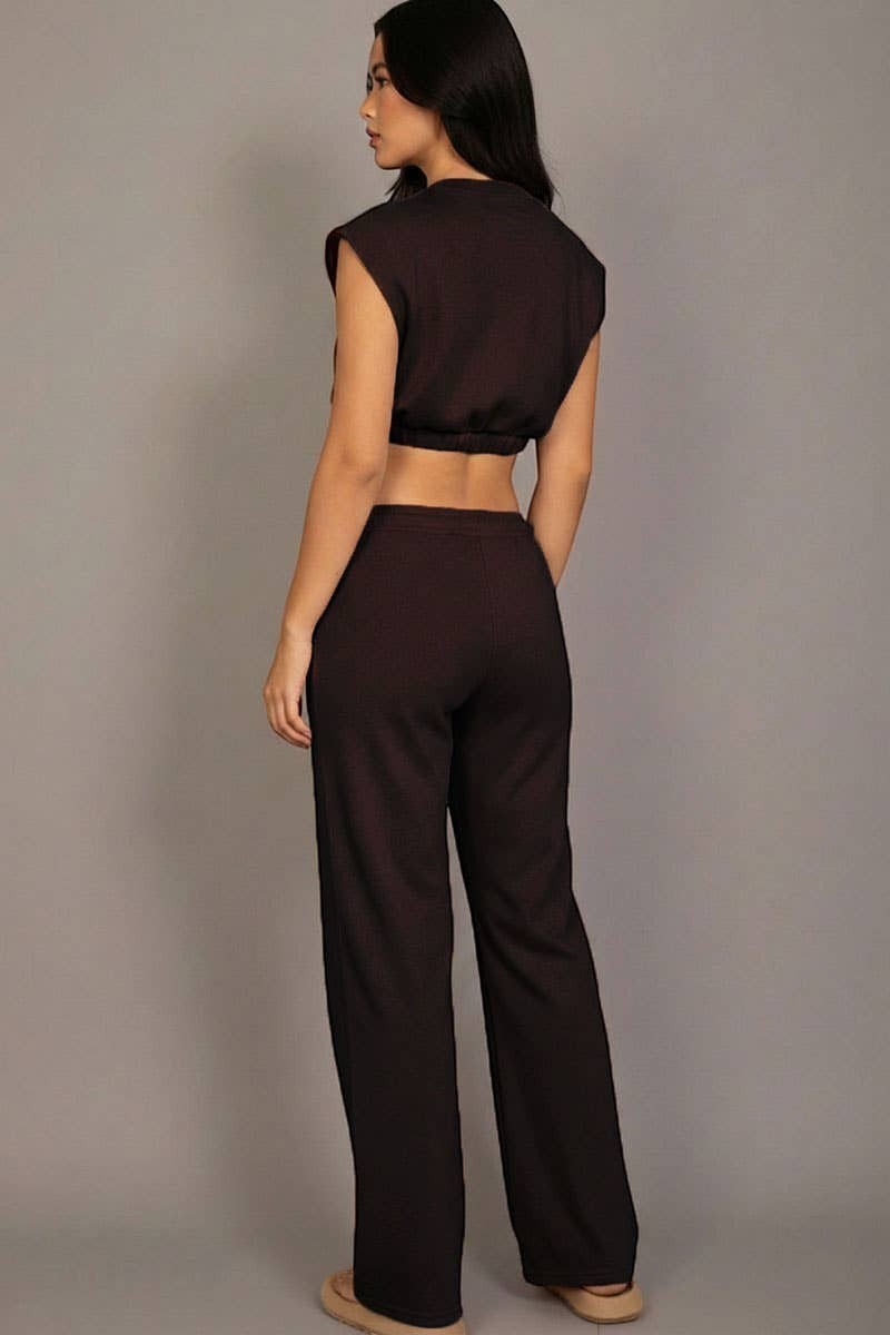 Calla Lily Cosmetics + CL kids brown cotton French terry crop top and wide-leg pants set with elastic hem.