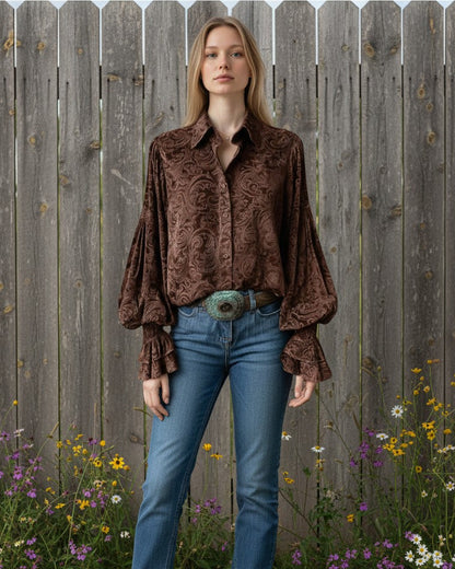 Calla Lily Cosmetics + CL kids brown floral velvet button-up blouse with dramatic bell sleeves tucked into blue jeans