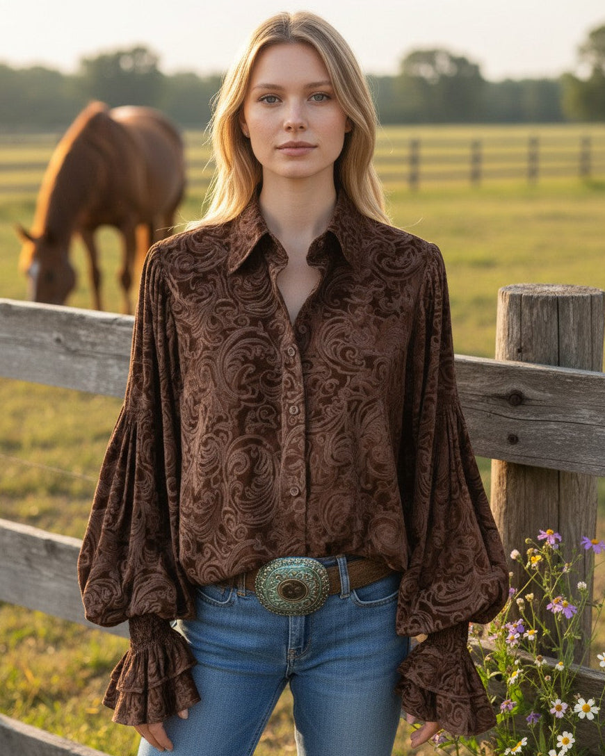 Calla Lily Cosmetics + CL kids brown velvet floral blouse with dramatic bell sleeves and button-up front in a field