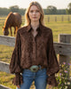 Calla Lily Cosmetics + CL kids brown velvet floral blouse with dramatic bell sleeves and button-up front in a field