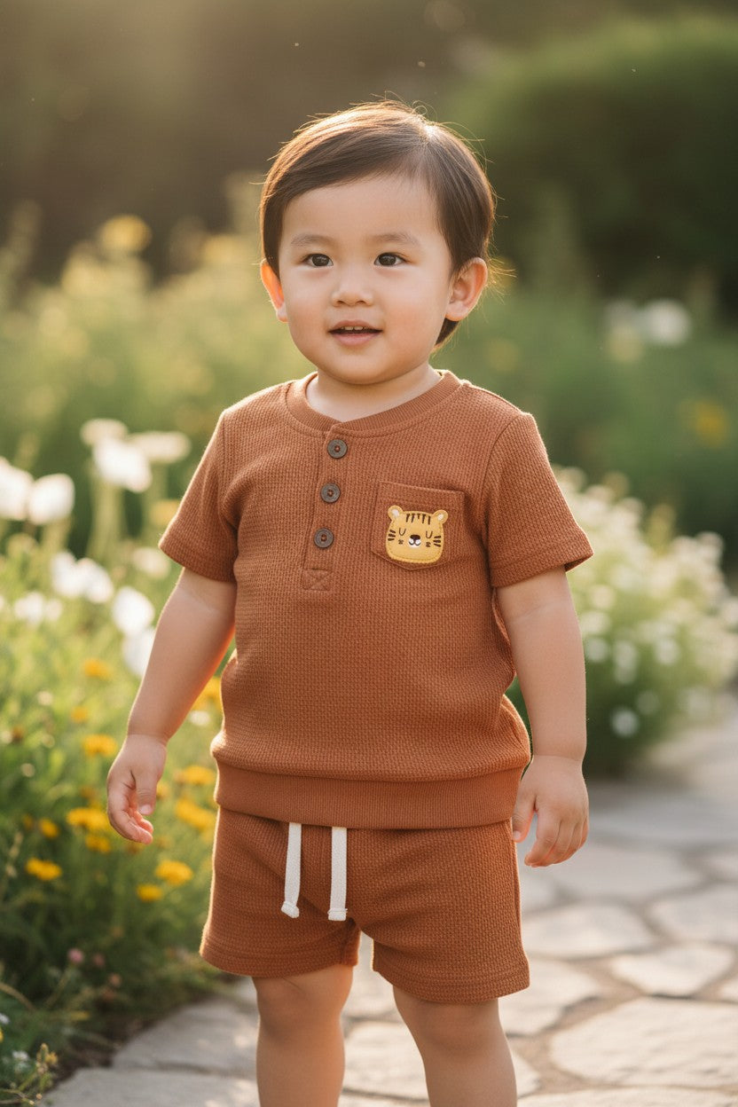Calla Lily Cosmetics + CL kids brown waffle knit short sleeve top with button front and tiger patch, paired with matching shorts.