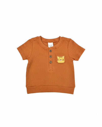 Calla Lily Cosmetics + CL kids brown waffle knit top with tiger patch, button front, and short sleeves.