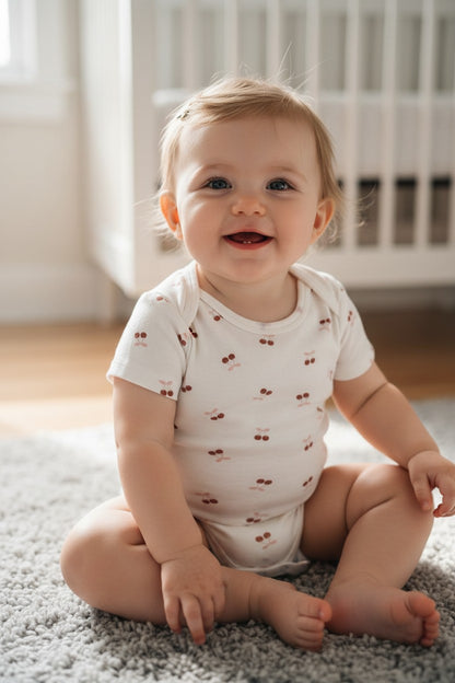 Calla Lily Cosmetics + CL kids white 100% cotton short sleeve bodysuit with all-over cherry print and lap shoulders.