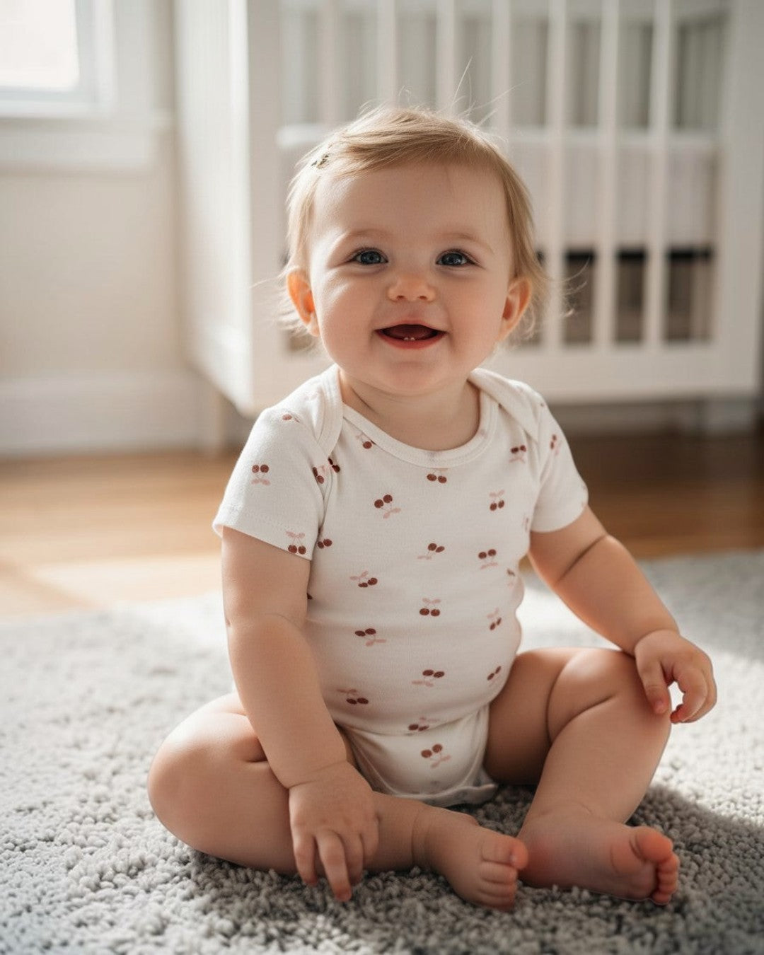 Calla Lily Cosmetics + CL kids white 100% cotton short sleeve bodysuit with all-over cherry print and lap shoulders.