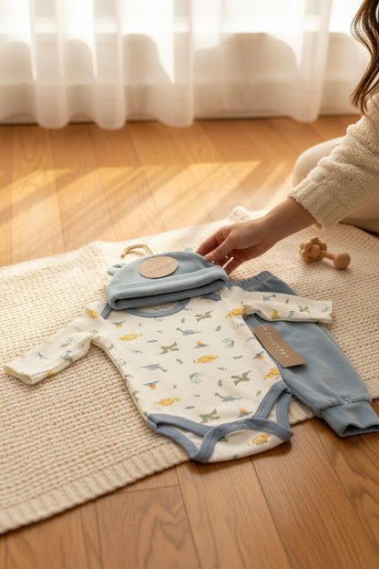 Calla Lily Cosmetics + CL kids Chick Pea blue 3-piece baby set with dinosaur print bodysuit and matching hat and pants.