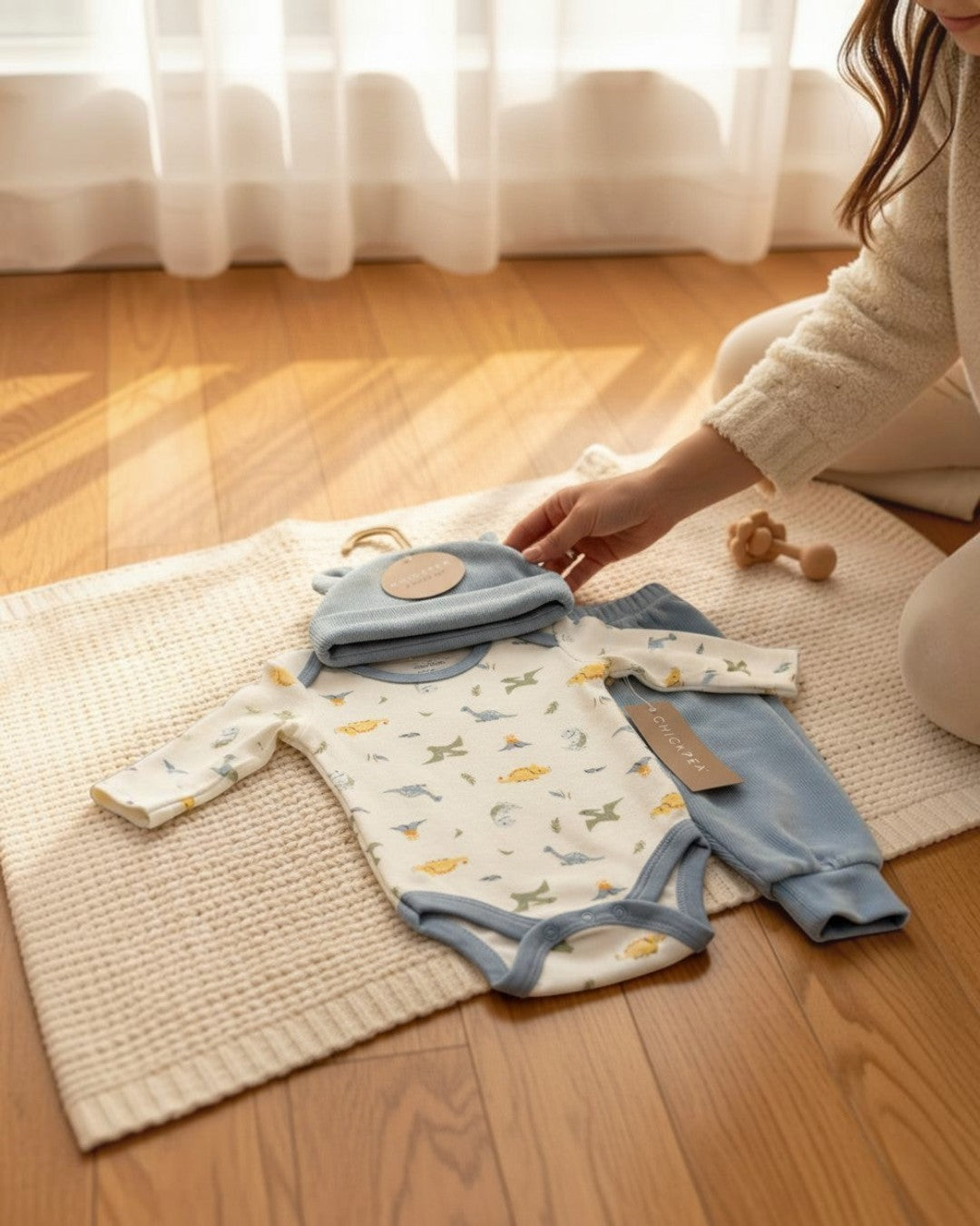 Calla Lily Cosmetics + CL kids Chick Pea blue 3-piece baby set with dinosaur print bodysuit and matching hat and pants.