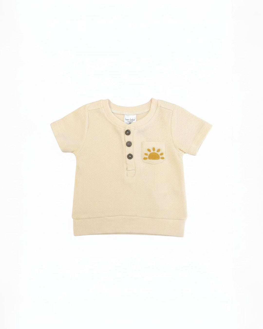 Calla Lily Cosmetics + CL kids cream waffle knit top with sun embroidery and button front, paired with matching shorts.