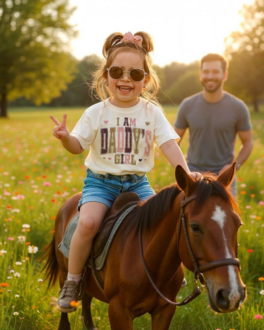 Calla Lily Cosmetics + CL kids toddler t-shirt with I am Daddy's Girl graphic, worn by a girl riding a pony.