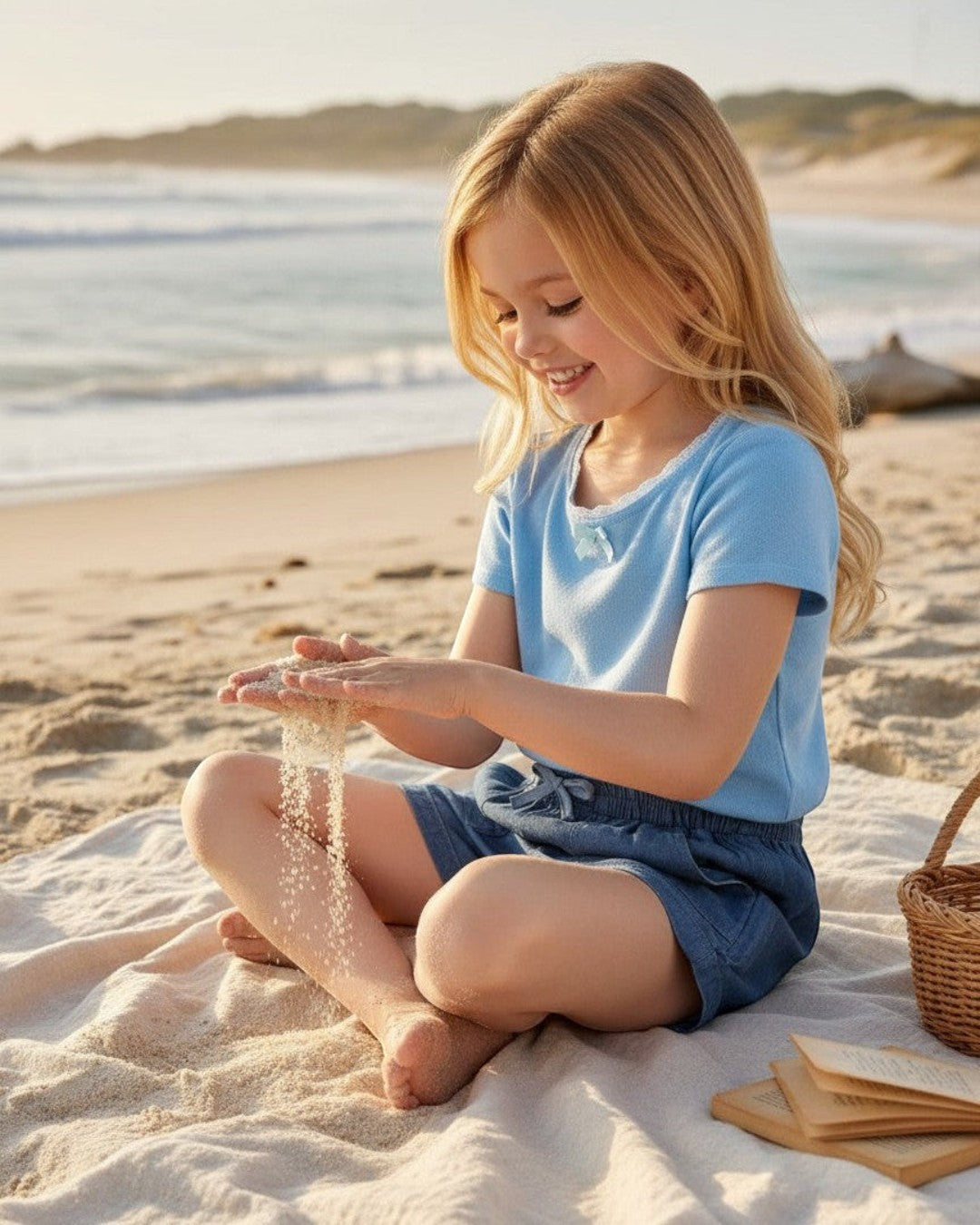 Calla Lily Cosmetics + CL kids denim blue chambray shorts with drawstring waist and pockets, worn by a smiling young girl.