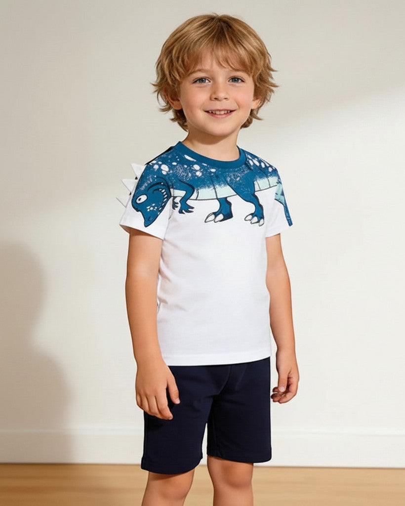 Calla Lily Cosmetics + CL kids white cotton t-shirt with blue dinosaur graphic and navy shorts