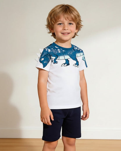 Calla Lily Cosmetics + CL kids white cotton t-shirt with blue dinosaur graphic and navy shorts