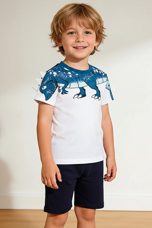 Two boys wearing Calla Lily Cosmetics + CL kids dinosaur print cotton shorts sets. White shirt with blue dino, navy shorts. Green shirt with navy top, lime shorts.
