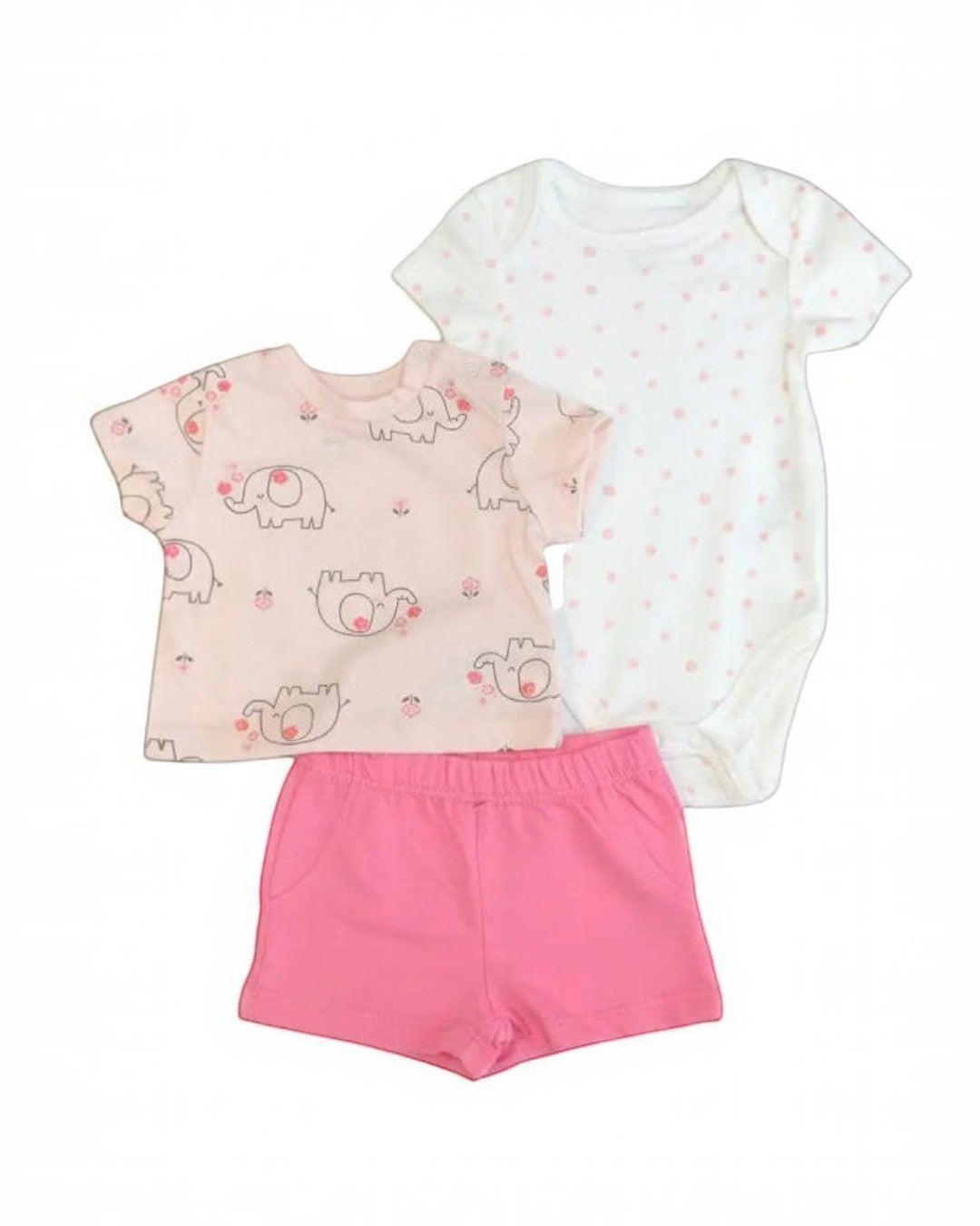 Children's clothing set with two shirts and pink shorts on a white background