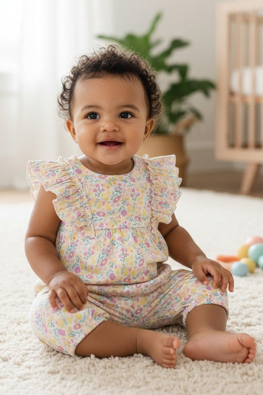 Calla Lily Cosmetics + CL kids pastel floral ruffle romper made from organic cotton for baby girls.