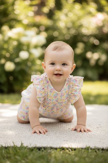 Calla Lily Cosmetics + CL kids pastel floral print organic cotton baby girls' romper with ruffle sleeves.