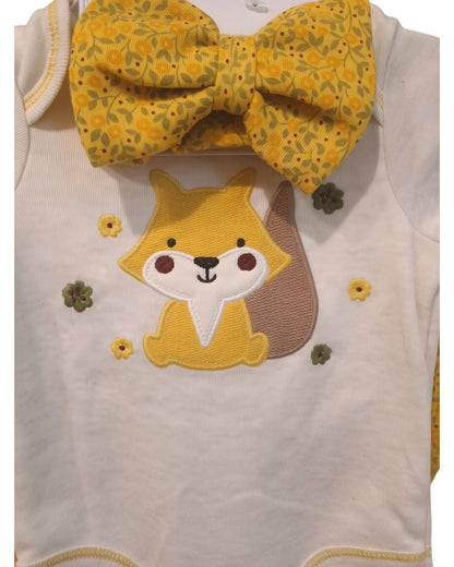 Calla Lily Cosmetics + CL kids white cotton-blend baby onesie with fox applique, yellow floral headband and matching pants. 60% Cotton, 40% Polyester.