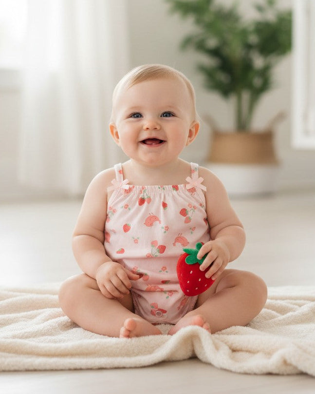 Calla Lily Cosmetics + CL kids 2 pc girl's green tank romper set with strawberry and bird print. Cotton-polyester blend.