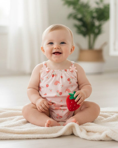 Calla Lily Cosmetics + CL kids 2 pc girl's green tank romper set with strawberry and bird print. Cotton-polyester blend.