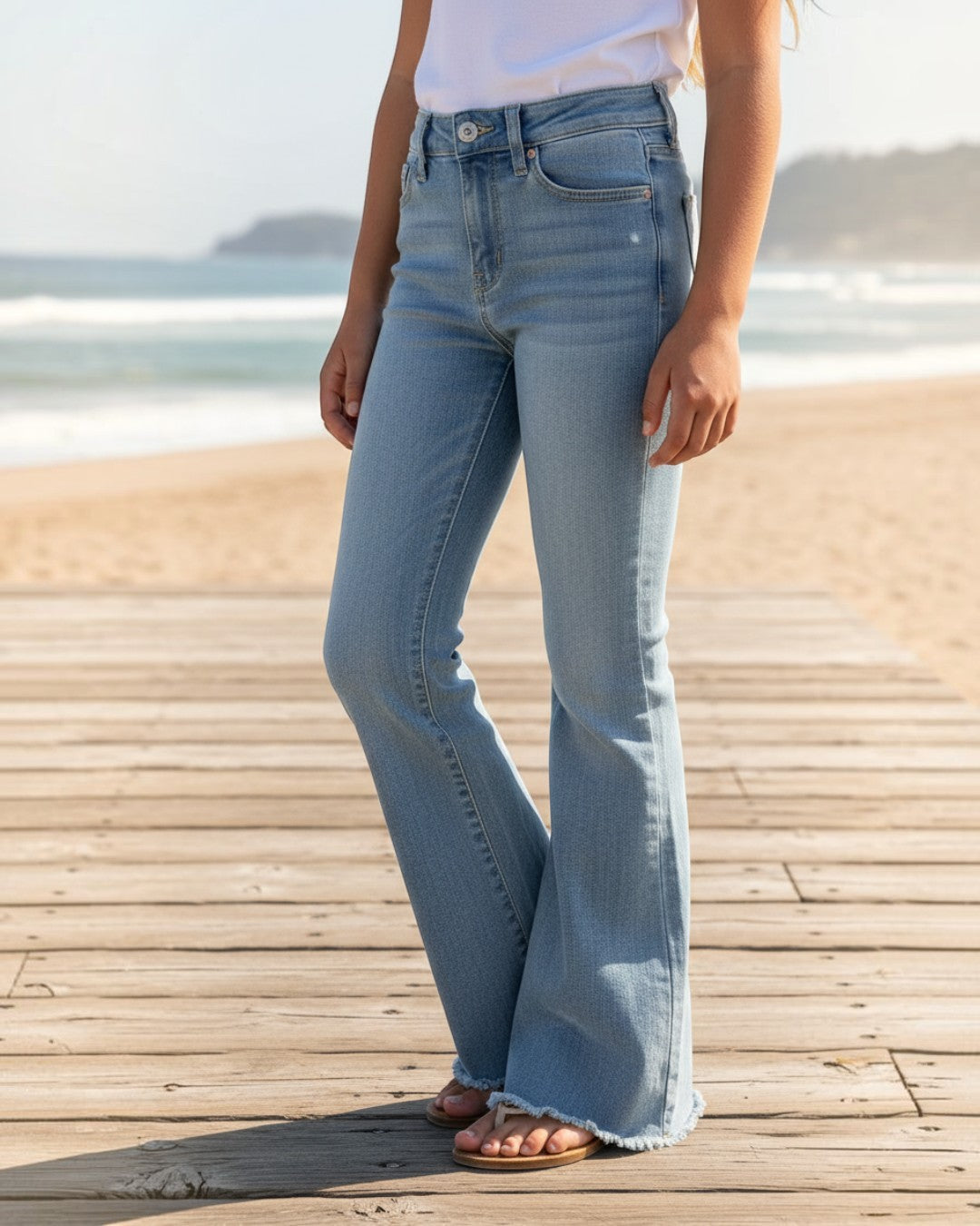 Calla Lily Cosmetics + CL kids girls light wash stretchy denim flare jeans with a frayed hem on a beach boardwalk.