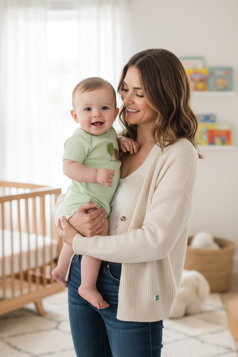 Calla Lily Cosmetics + CL kids light green cotton short-sleeve bodysuit with a cute snail and tree embroidery. Features snap closures.