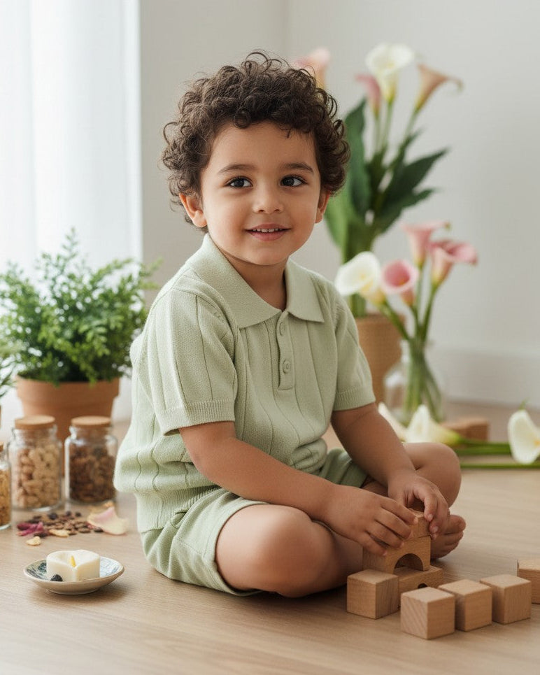 Calla Lily Cosmetics + CL kids light green knit short sleeve polo sweater with ribbed texture and button closure.