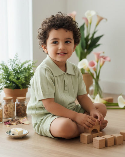 Calla Lily Cosmetics + CL kids light green knit short sleeve polo sweater with ribbed texture and button closure.