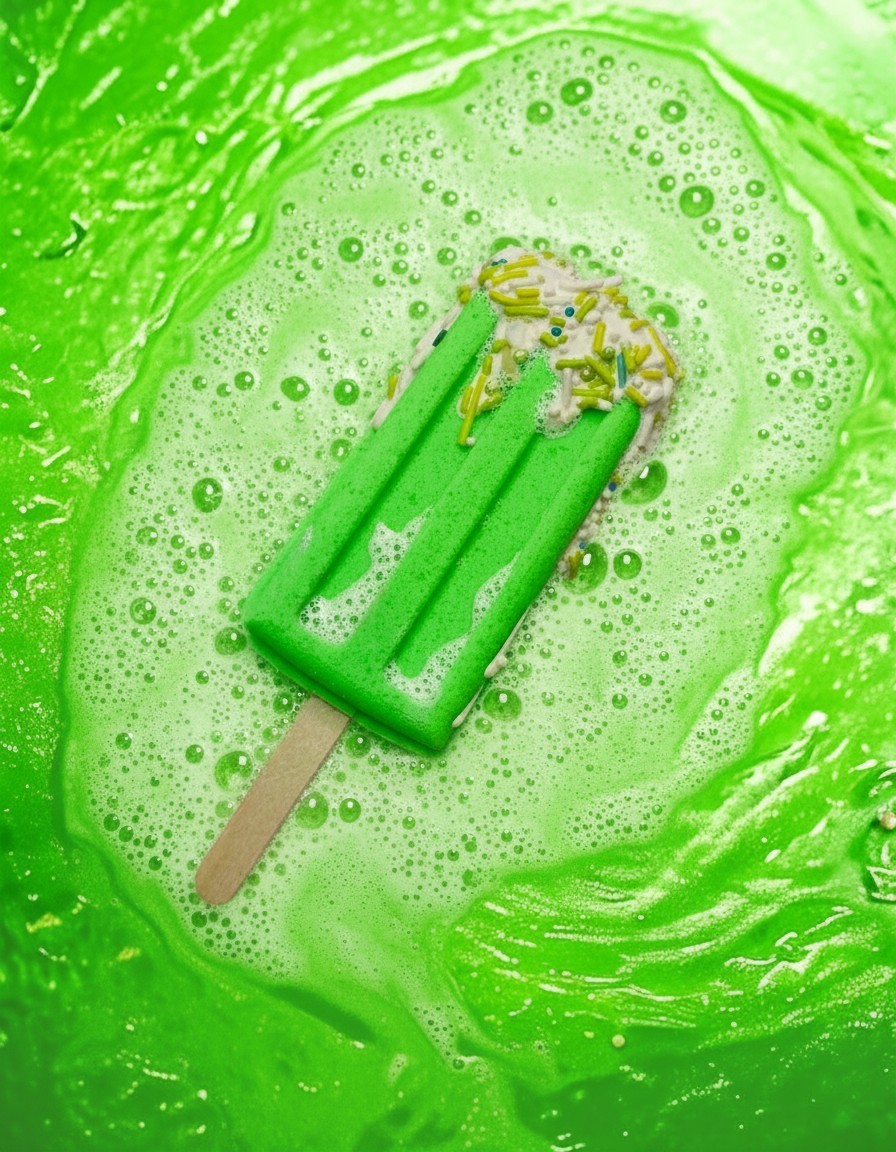 Calla Lily Cosmetics + CL kids green popsicle bath bomb fizzing in water with white sprinkles and wooden stick