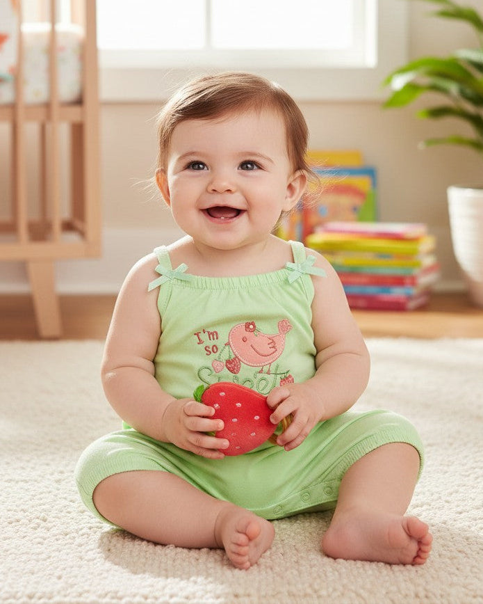 Calla Lily Cosmetics + CL kids green cotton-polyester tank romper with bird and strawberry graphic. Features bow straps.