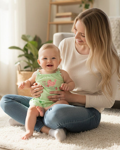 Calla Lily Cosmetics + CL kids green tank romper with bird and strawberry graphic. Cotton-polyester blend.