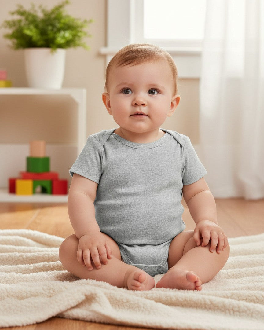 Calla Lily Cosmetics + CL kids grey heather 100% cotton short-sleeve bodysuit with lap shoulder neckline and snap closure.