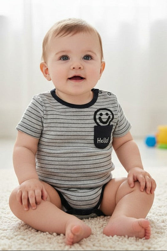 Calla Lily Cosmetics + CL kids grey striped cotton blend bodysuit with black trim and a pocket featuring a smiley face and "Hello!"