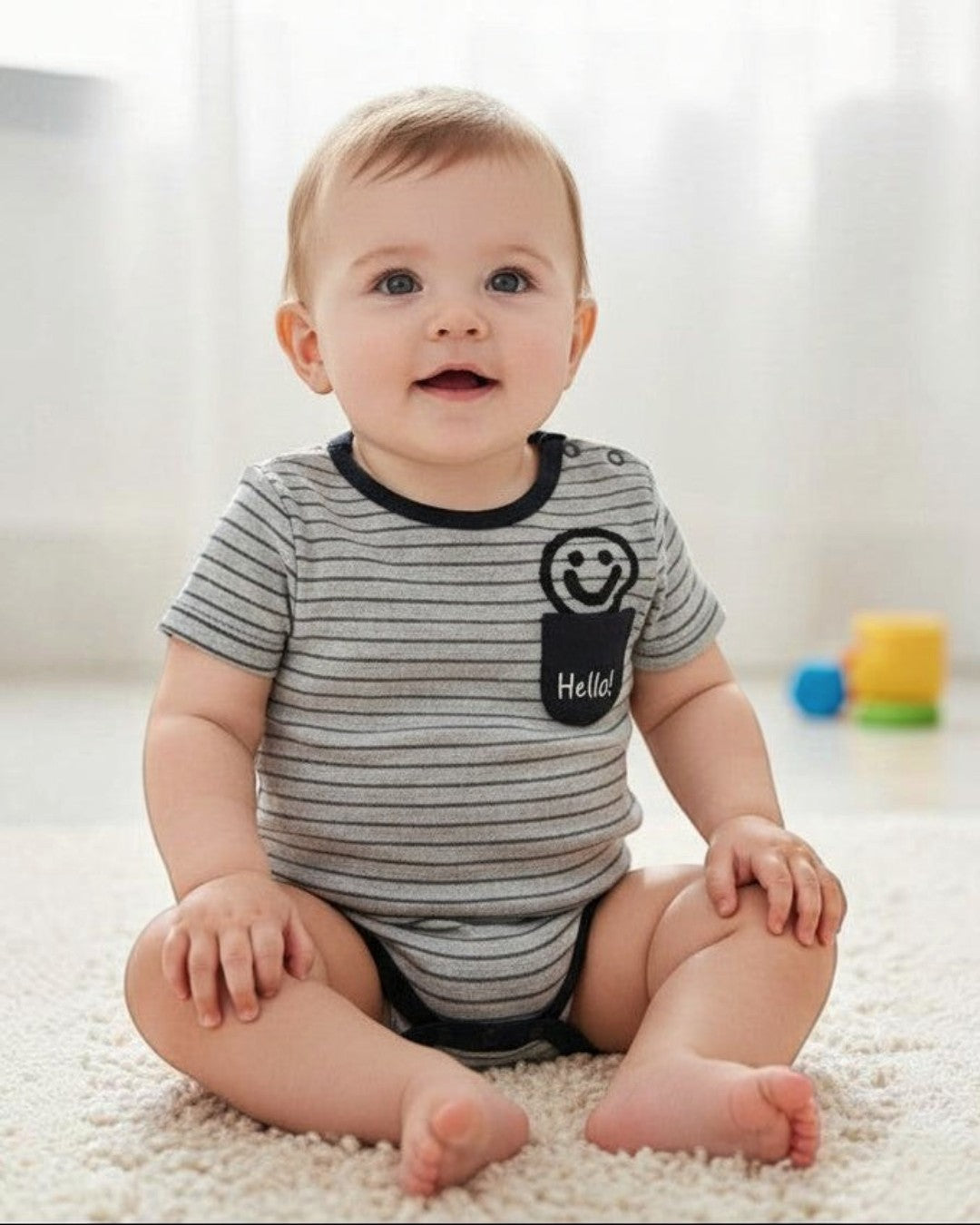 Calla Lily Cosmetics + CL kids grey striped cotton blend bodysuit with black trim and a pocket featuring a smiley face and "Hello!"