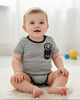 Calla Lily Cosmetics + CL kids grey striped cotton blend bodysuit with black trim and a pocket featuring a smiley face and "Hello!"