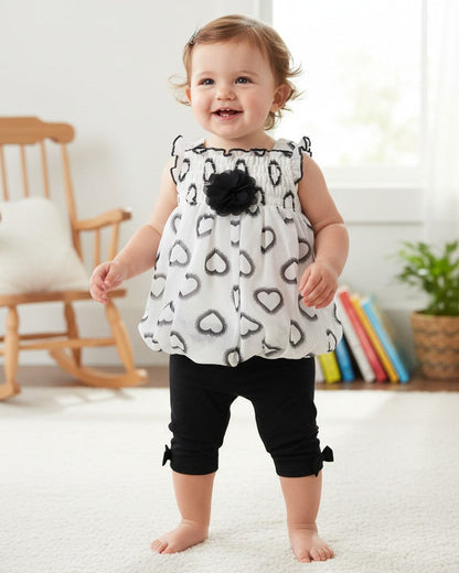 Calla Lily Cosmetics + CL kids white chiffon baby top with black hearts and ruffled trim, paired with black leggings with bow accents.